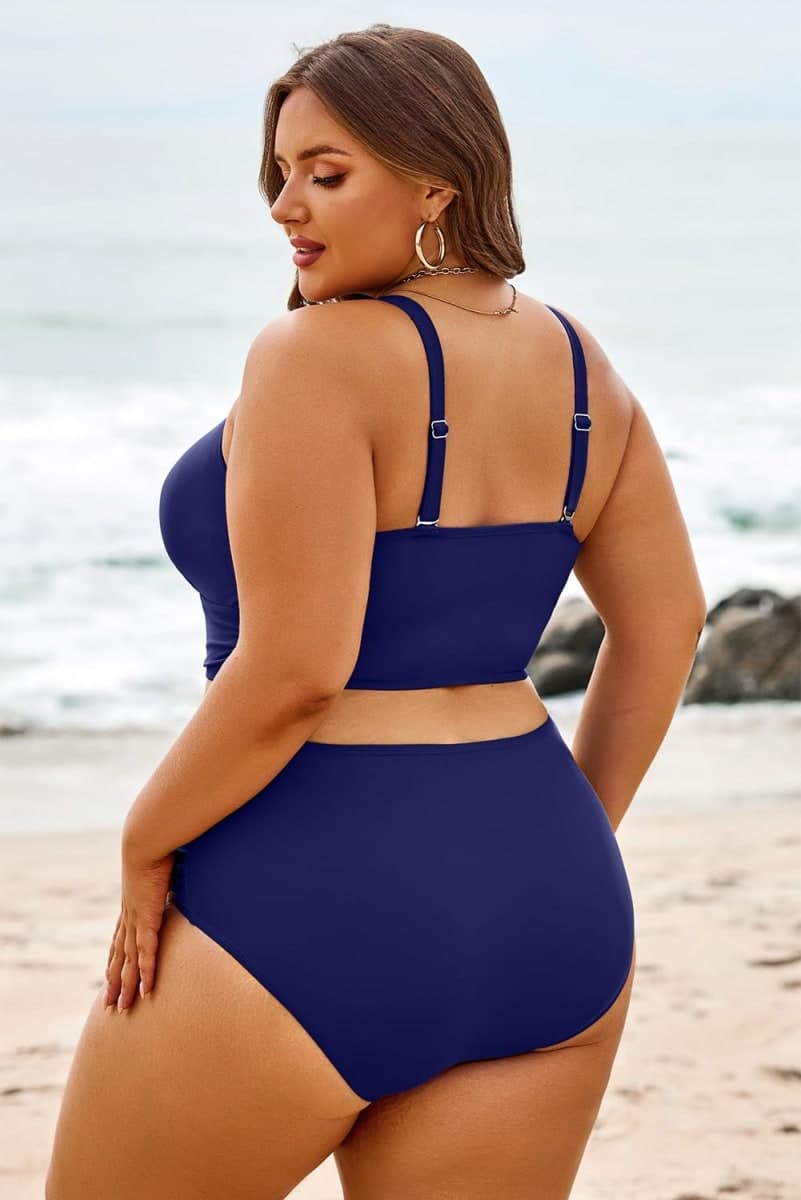 Eytino Womens Plus Size Bikini Sets High Waisted V Neck Bahting Suits Two Piece Color Block Swimsuits(1X-5X), Navy Blue, 1X thumbnail 3