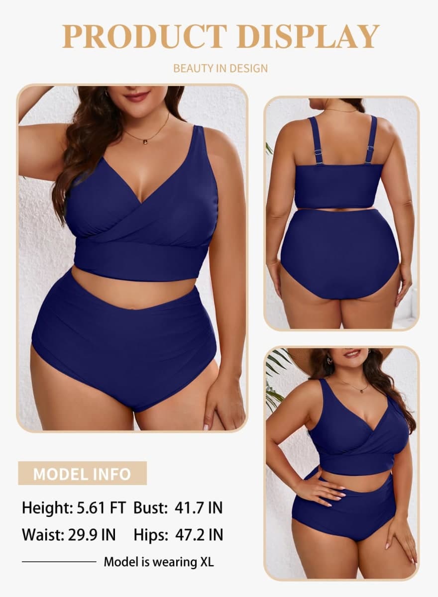 Eytino Womens Plus Size Bikini Sets High Waisted V Neck Bahting Suits Two Piece Color Block Swimsuits(1X-5X), Navy Blue, 1X thumbnail 4