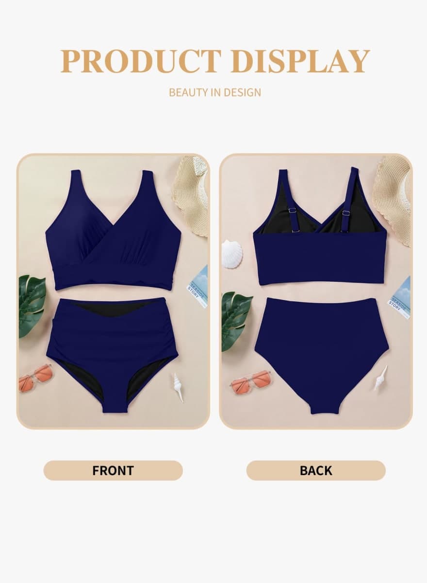 Eytino Womens Plus Size Bikini Sets High Waisted V Neck Bahting Suits Two Piece Color Block Swimsuits(1X-5X), Navy Blue, 1X thumbnail 5