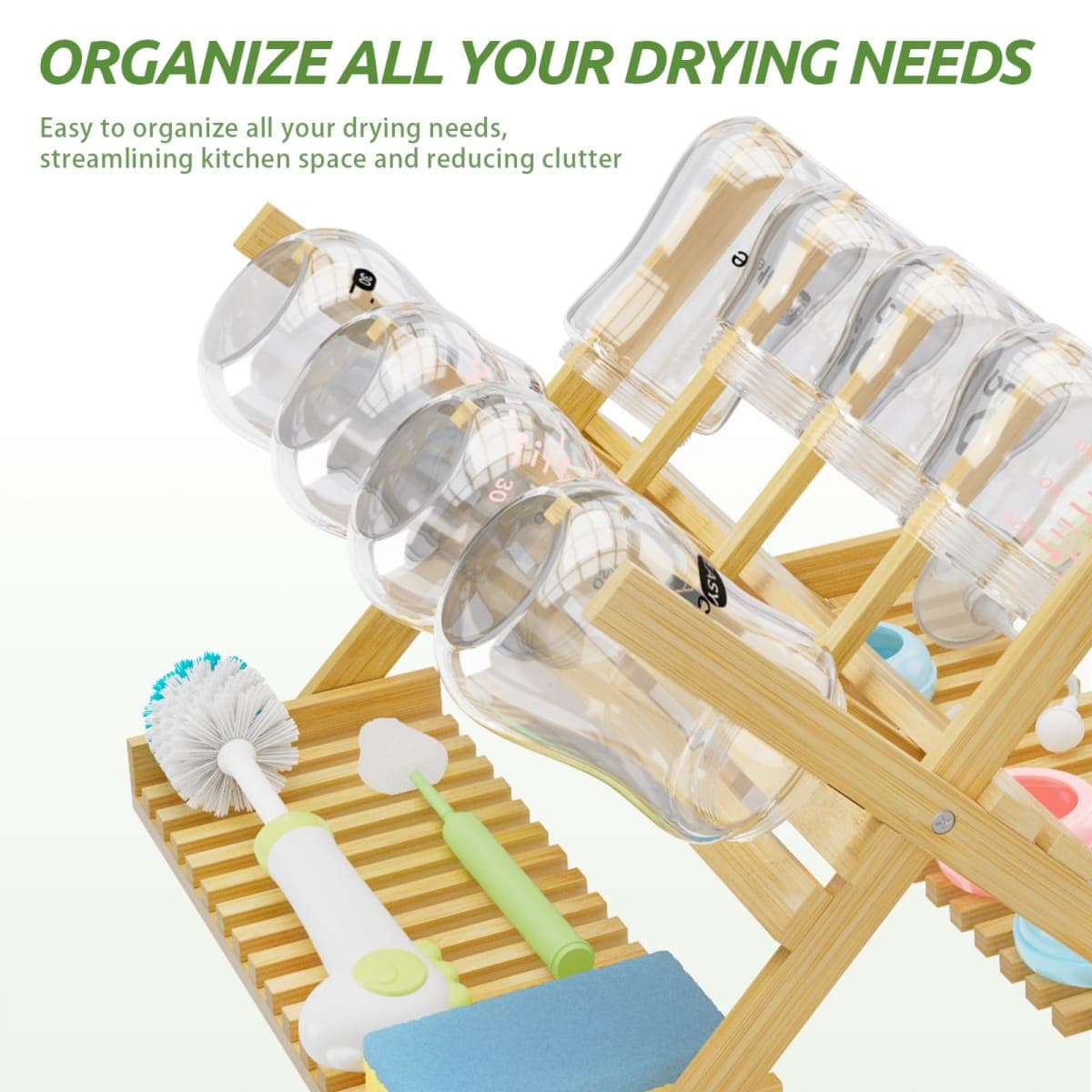 Msoesticc.dl Baby Bottle Drying Rack Foldable Vertical Bamboo Milk Bottle and Accessories Organizer - Ideal for Travel, Perfect for Busy Parents, Maximizes Space, Quick Drying, Easy Cleanup & Storage thumbnail 3