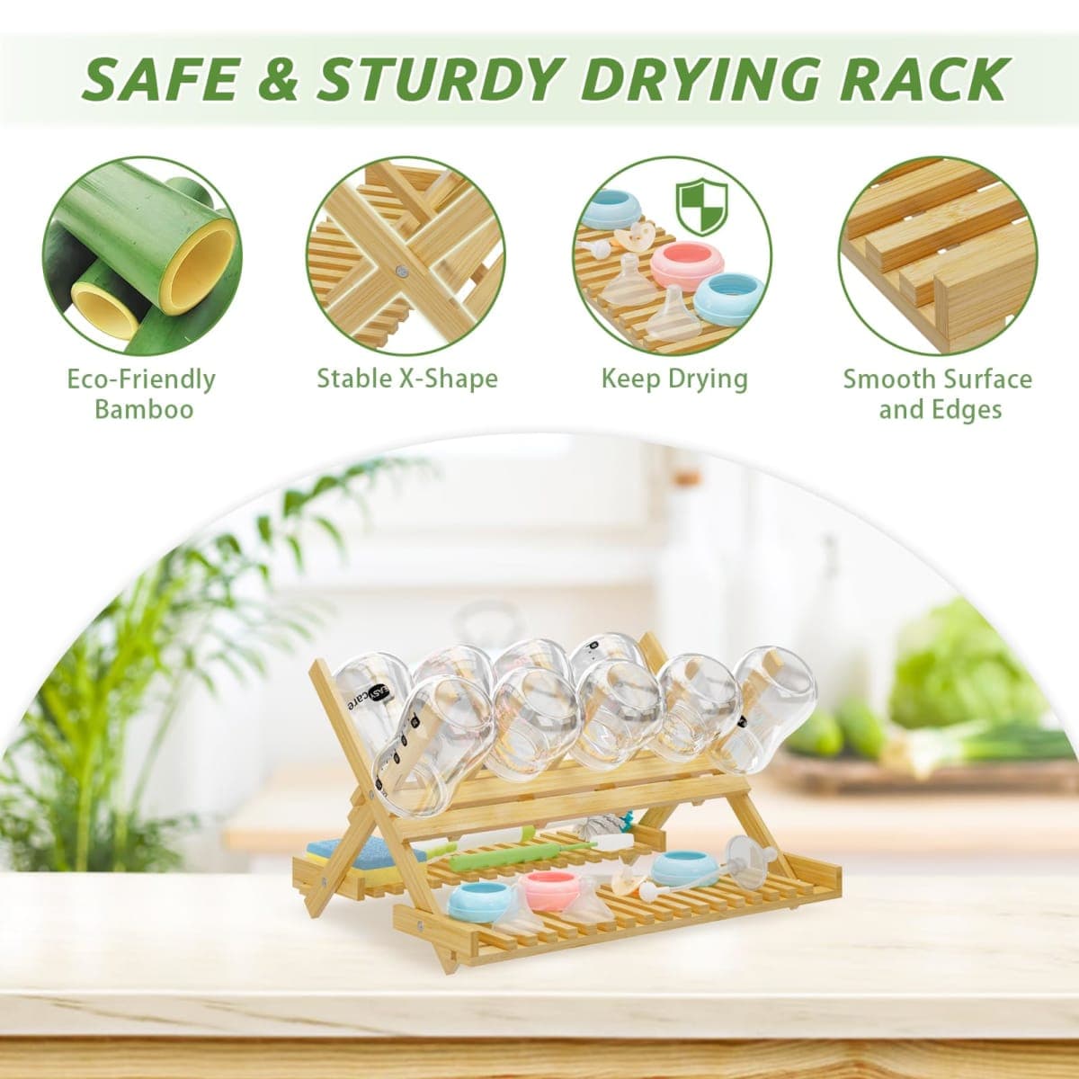 Msoesticc.dl Baby Bottle Drying Rack Foldable Vertical Bamboo Milk Bottle and Accessories Organizer - Ideal for Travel, Perfect for Busy Parents, Maximizes Space, Quick Drying, Easy Cleanup & Storage thumbnail 4