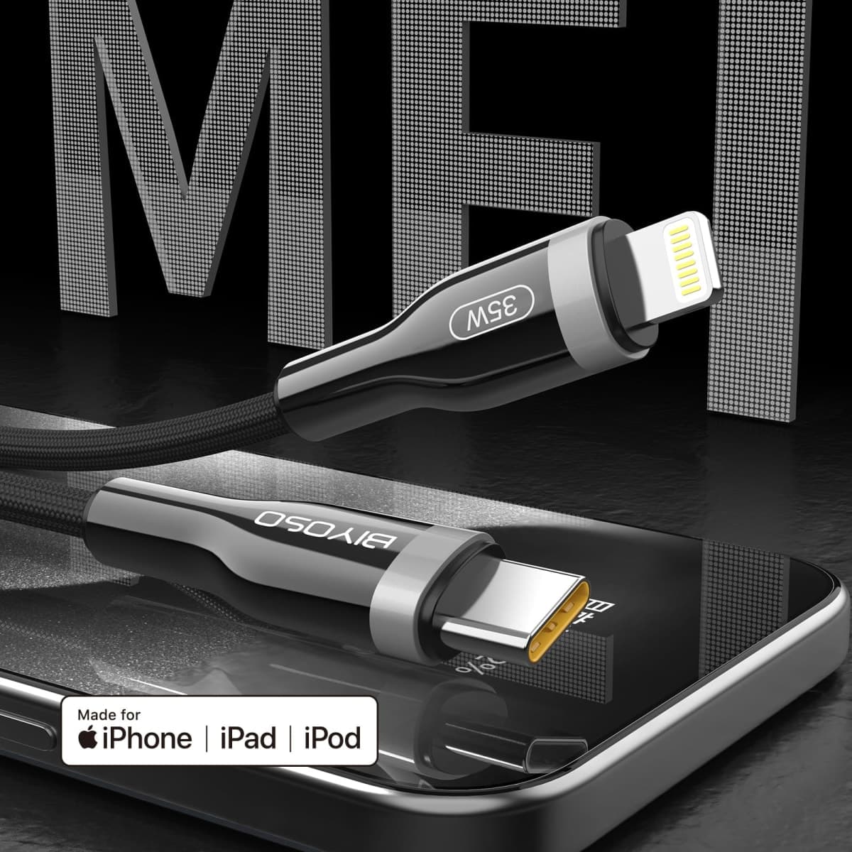 Biyoso USB C to Lighting Fast Charging Cable [Apple MFi Certified], 35W Type C Cable for iPhone 14 13 Pro Max iPad MacBook Laptops Charger Cord,1.2M Charger Zinc Alloy Braided Cables, Data Sync thumbnail 3