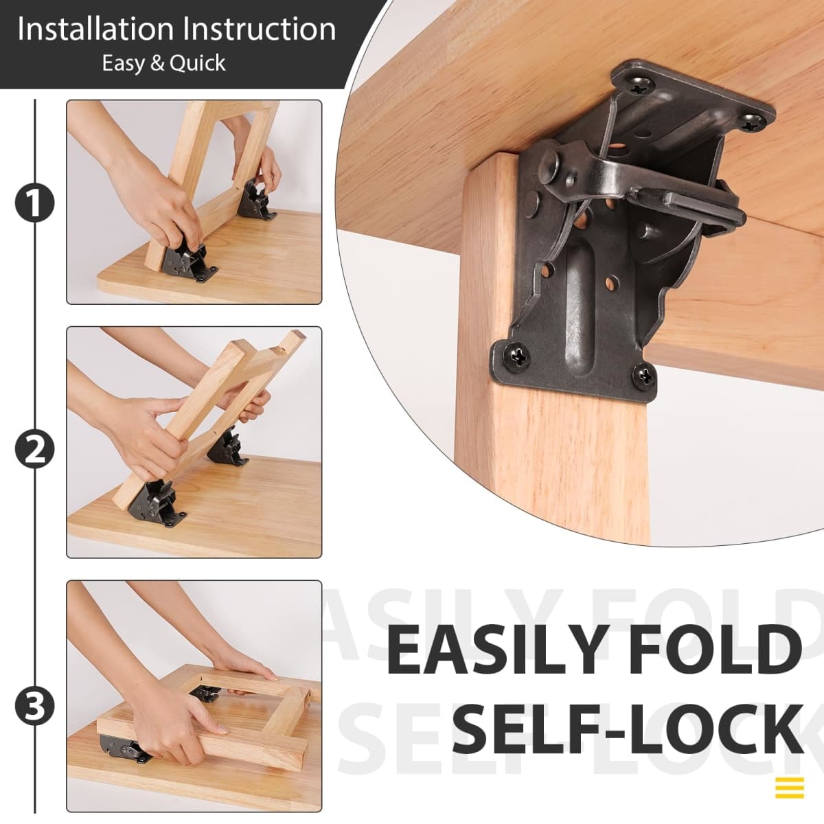 4 Pack Folding Brackets, Self-Lock Hinge with Screws for Folding Table Legs, Lock Extension Support Bracket Bed Legs, Black thumbnail 3