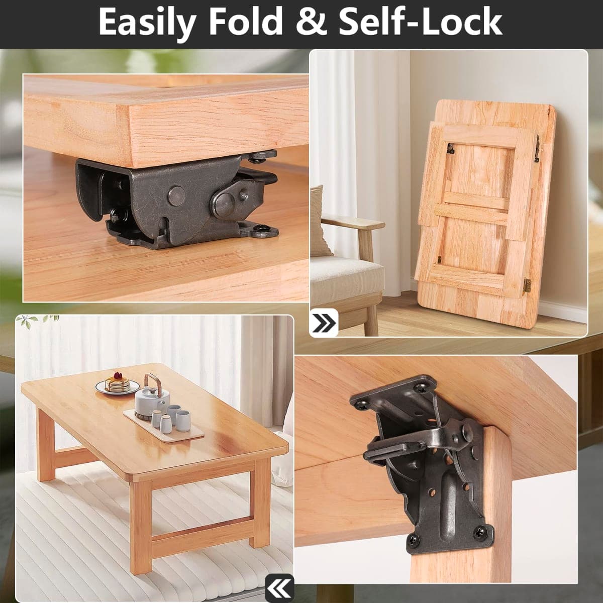 4 Pack Folding Brackets, Self-Lock Hinge with Screws for Folding Table Legs, Lock Extension Support Bracket Bed Legs, Black thumbnail 4