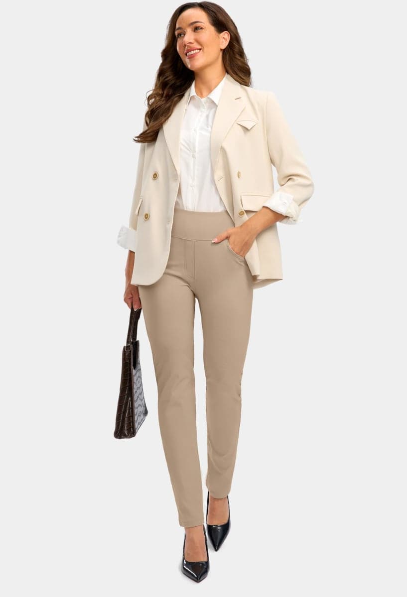 Rammus Womens High Waist Dress Pants with Pockets Business Casual Work Pants for Women Stretchy Skinny Slacks for Office, New-khaki, Large thumbnail 2