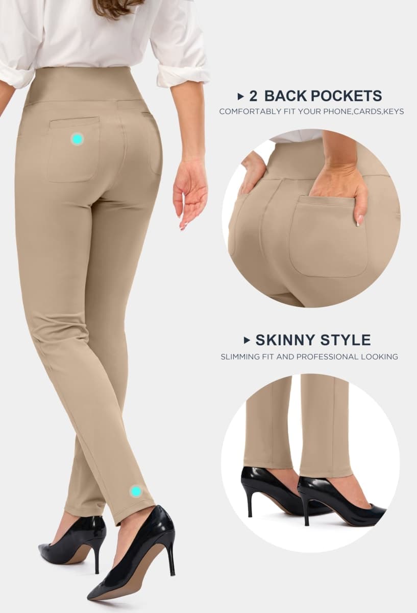 Rammus Womens High Waist Dress Pants with Pockets Business Casual Work Pants for Women Stretchy Skinny Slacks for Office, New-khaki, Large thumbnail 3