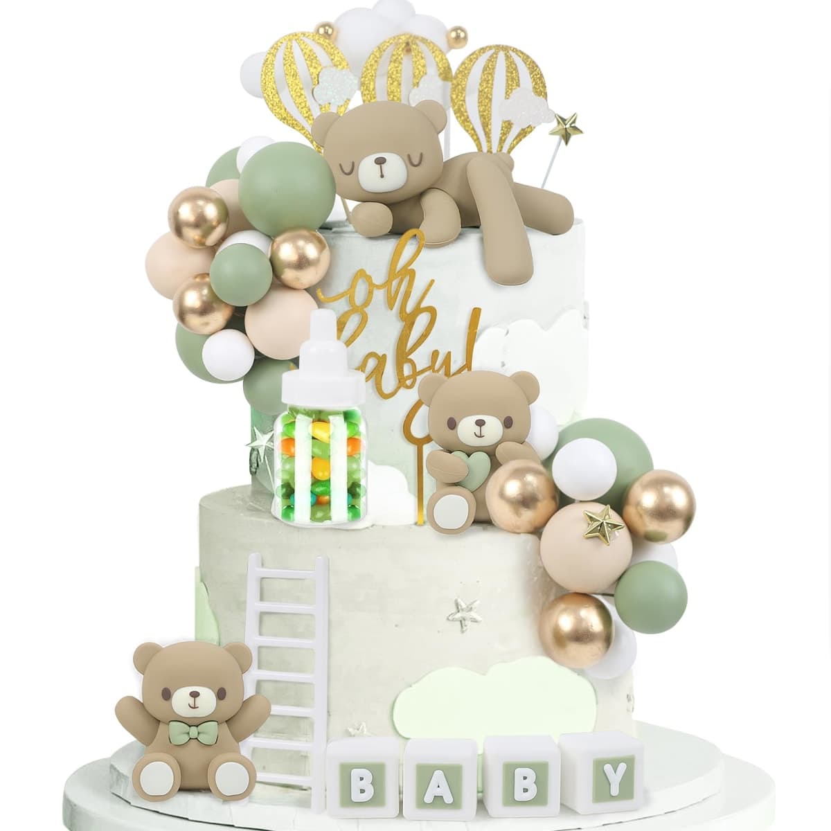 Acmee 44 PCS Green Bear Cake Toppers - Mini 3D Bear BABY Letters Milk Bottle Green Gold Foam Balls Cake Toppers for Boy Girl Birthday Party Baby Shower Cake Decorations — image 1