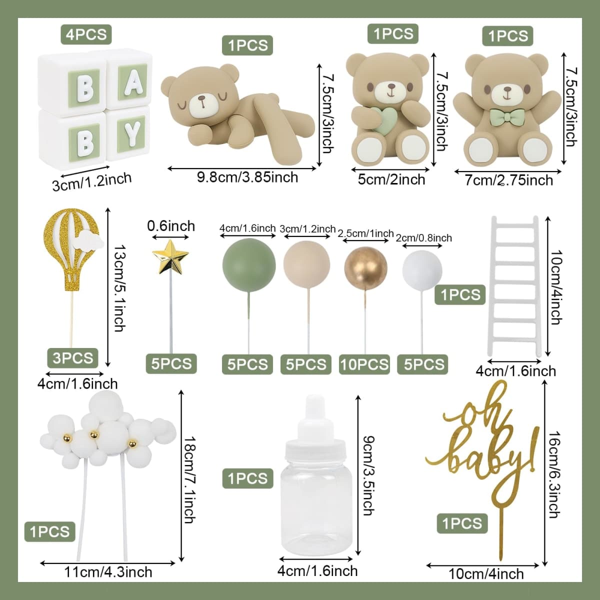 Acmee 44 PCS Green Bear Cake Toppers - Mini 3D Bear BABY Letters Milk Bottle Green Gold Foam Balls Cake Toppers for Boy Girl Birthday Party Baby Shower Cake Decorations thumbnail 2