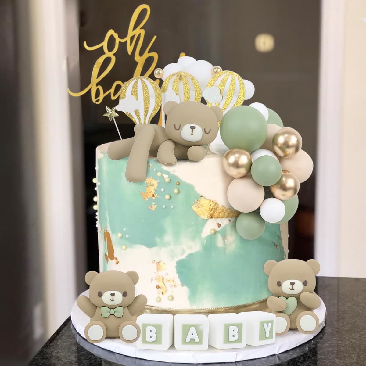 Acmee 44 PCS Green Bear Cake Toppers - Mini 3D Bear BABY Letters Milk Bottle Green Gold Foam Balls Cake Toppers for Boy Girl Birthday Party Baby Shower Cake Decorations thumbnail 3