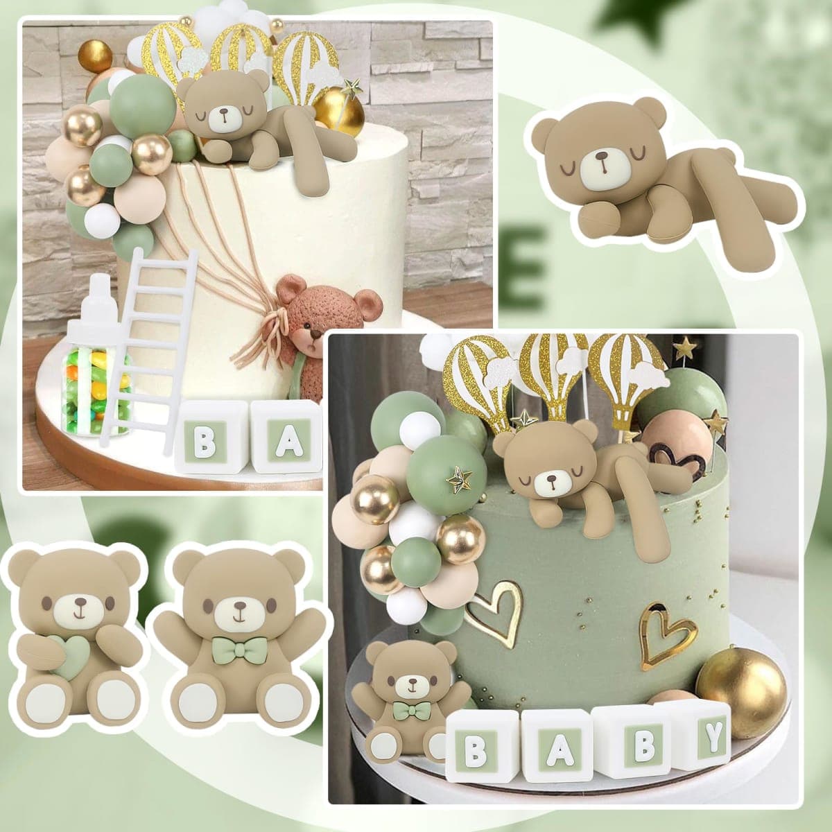 Acmee 44 PCS Green Bear Cake Toppers - Mini 3D Bear BABY Letters Milk Bottle Green Gold Foam Balls Cake Toppers for Boy Girl Birthday Party Baby Shower Cake Decorations thumbnail 4