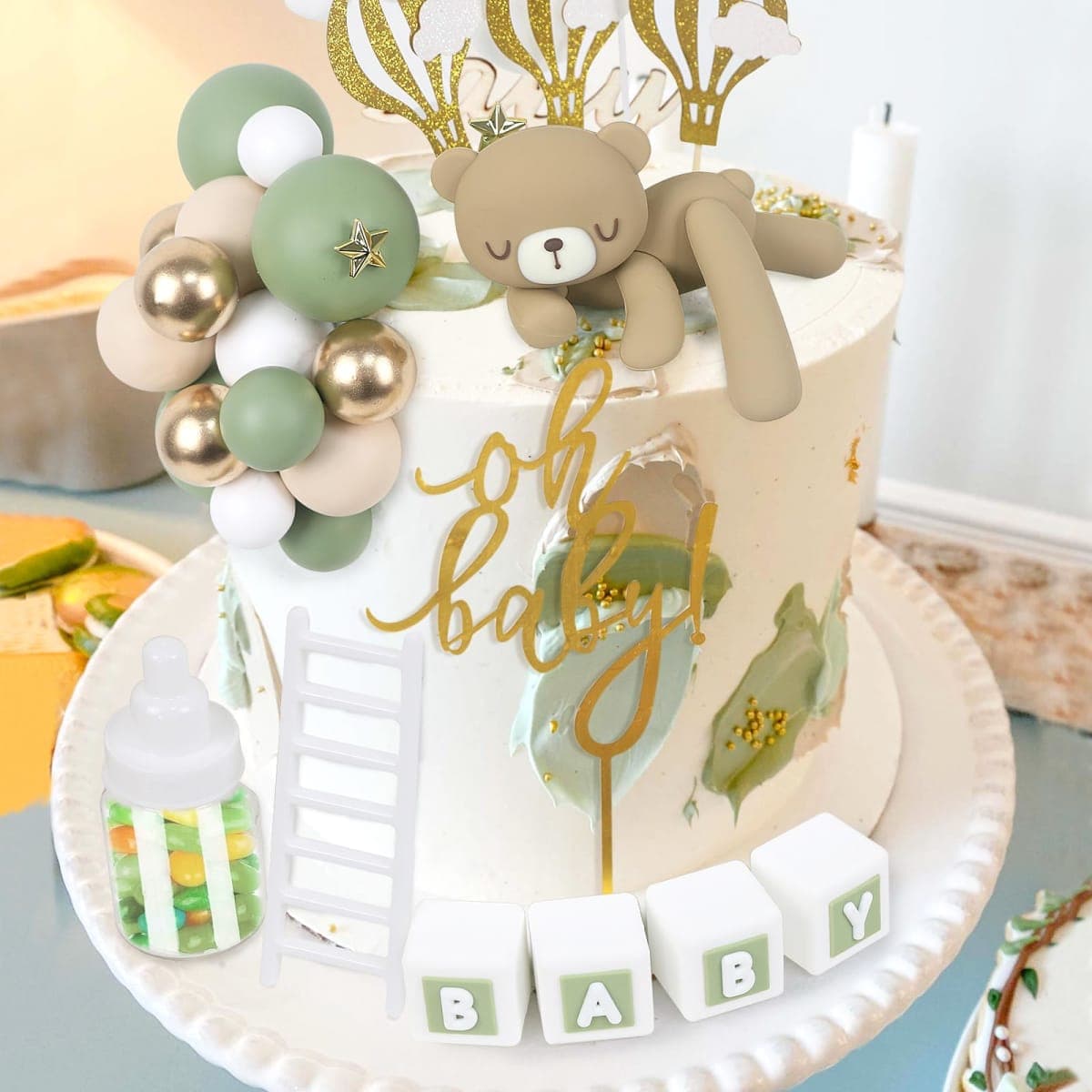 Acmee 44 PCS Green Bear Cake Toppers - Mini 3D Bear BABY Letters Milk Bottle Green Gold Foam Balls Cake Toppers for Boy Girl Birthday Party Baby Shower Cake Decorations thumbnail 5