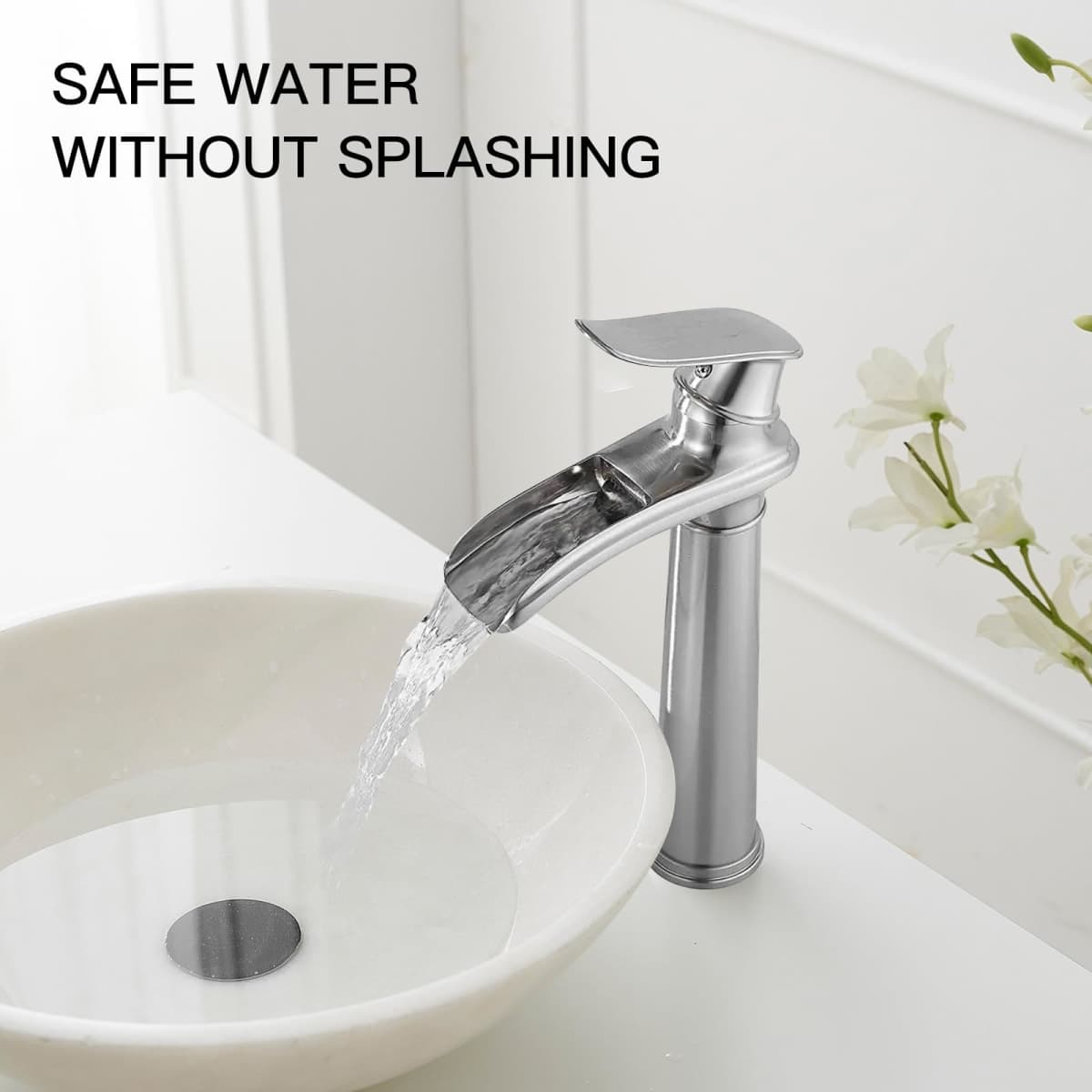 BWE Vessel Sink Faucet Brushed Nickel Tall Waterfall Bathroom Faucet thumbnail 2