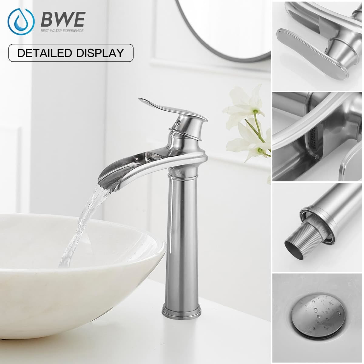 BWE Vessel Sink Faucet Brushed Nickel Tall Waterfall Bathroom Faucet thumbnail 3
