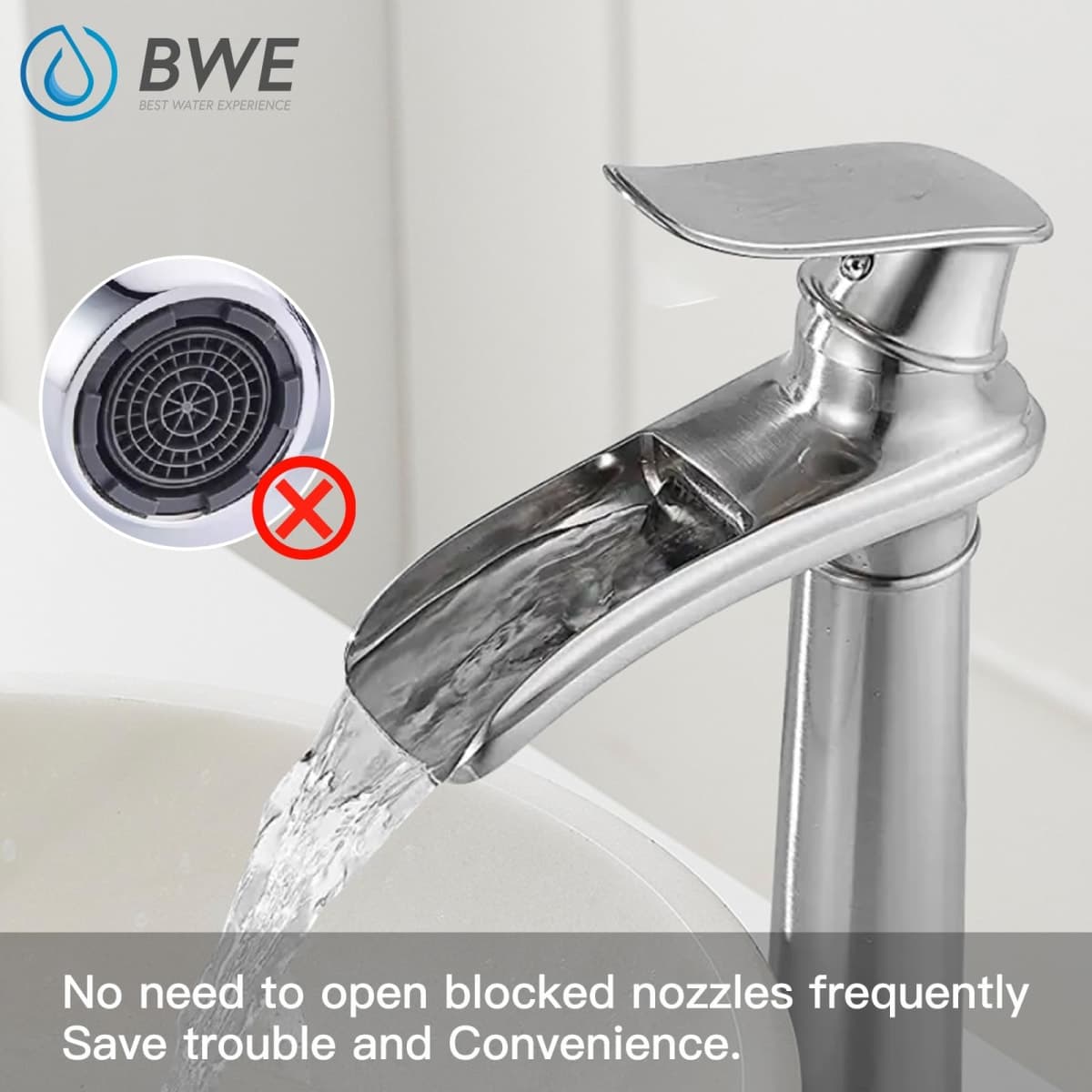 BWE Vessel Sink Faucet Brushed Nickel Tall Waterfall Bathroom Faucet thumbnail 4