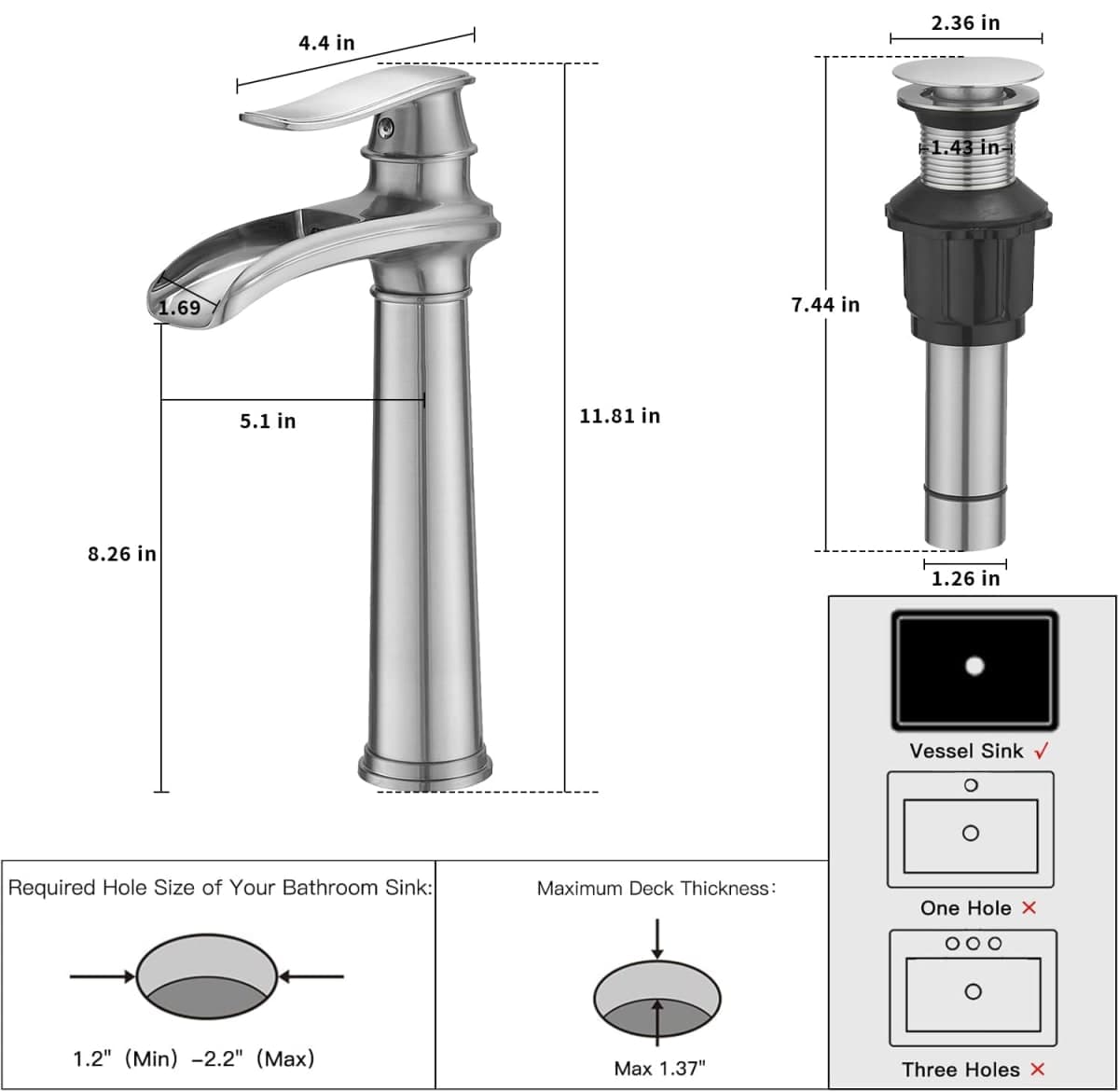 BWE Vessel Sink Faucet Brushed Nickel Tall Waterfall Bathroom Faucet thumbnail 5