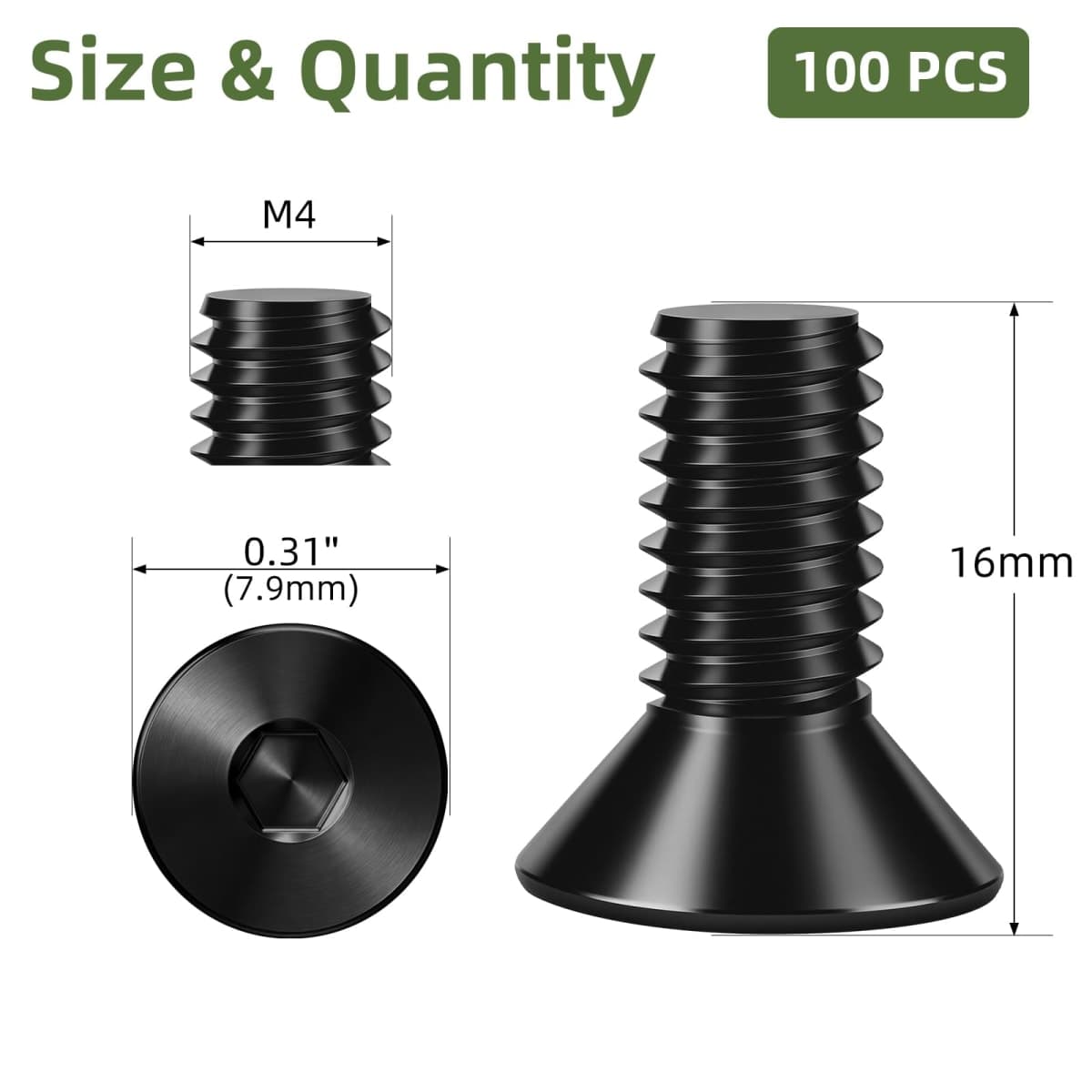 100 PCS M4 x 16mm Flat Head Socket Cap Screws Bolts, 10.9 Grade Carbon Steel Countersunk Allen Bolts, Full Thread, Black Coating, Screwdriver Included thumbnail 2