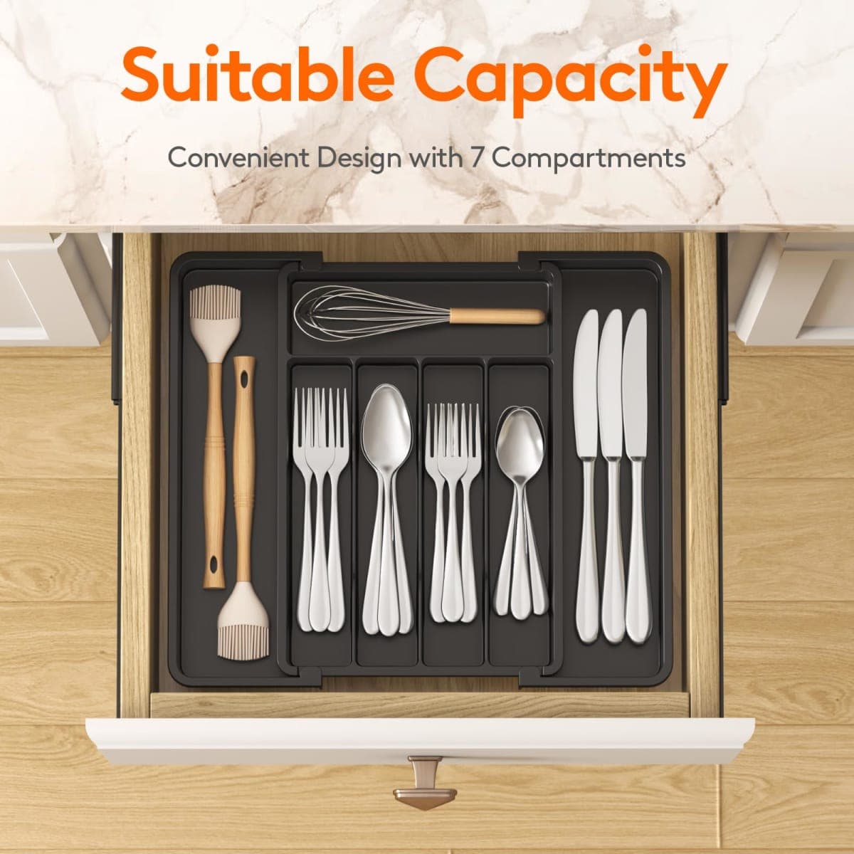 Lifewit Cutlery Organizer, Expandable Utensil Drawer Organizer, Adjustable Cutlery Rack for Kitchen, BPA Free Cutlery Holder, Cutlery Tray Organizer for Spoons Forks Knives, Black thumbnail 3
