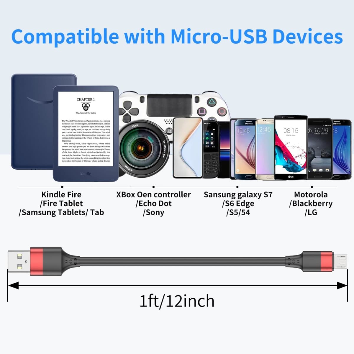 10 Pack Short Micro USB Cables 1ft, Bulk 12 inch Micro USB Cable Pack, Durable USB 2.0 Android Charger Cords for Charging Stations Samsung Galaxy S6 S7 J7 Note 5 LG Kindle Fire Sony PS4 TV Sticks thumbnail 3
