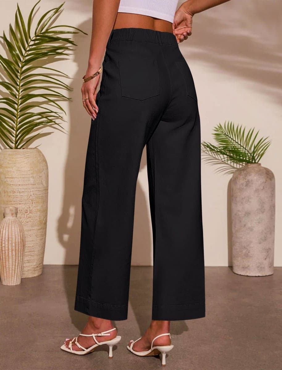 Eddoyee Wide Leg Pants for Women High Waisted Casual Pants Ankle Pants with Elastic Waistband Black thumbnail 2