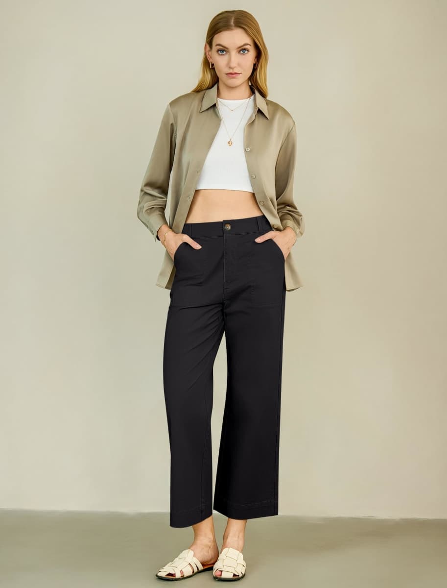 Eddoyee Wide Leg Pants for Women High Waisted Casual Pants Ankle Pants with Elastic Waistband Black thumbnail 3