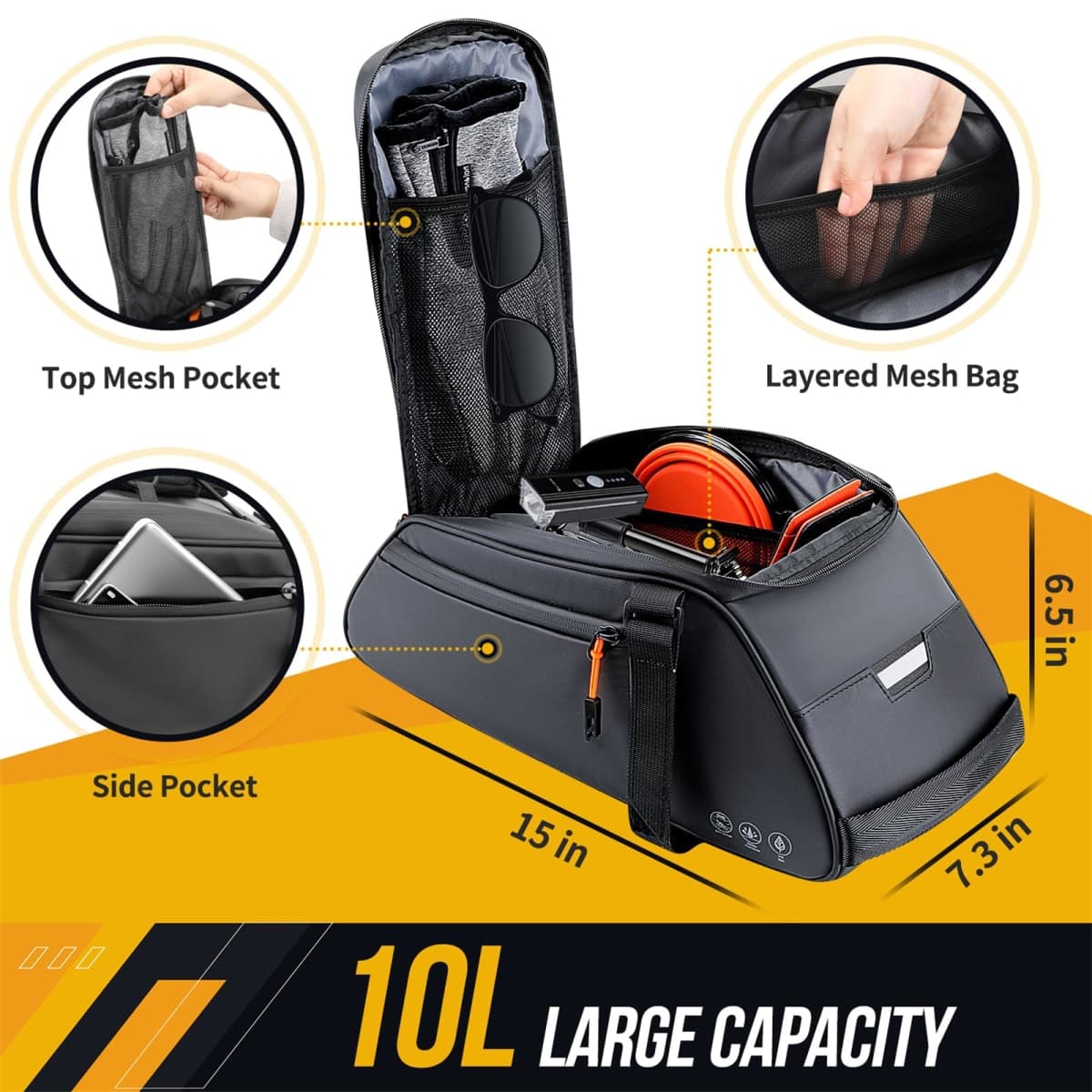 WOTOW Bike Rack Bag Waterproof - 10L Large Capacity Bike Trunk Bag, Reflective Bicycle Saddle Panniers, Cycling Bag Back Seat Storage Cargo Carrier Pouch with Shoulder Strap & Hook (10L) thumbnail 5