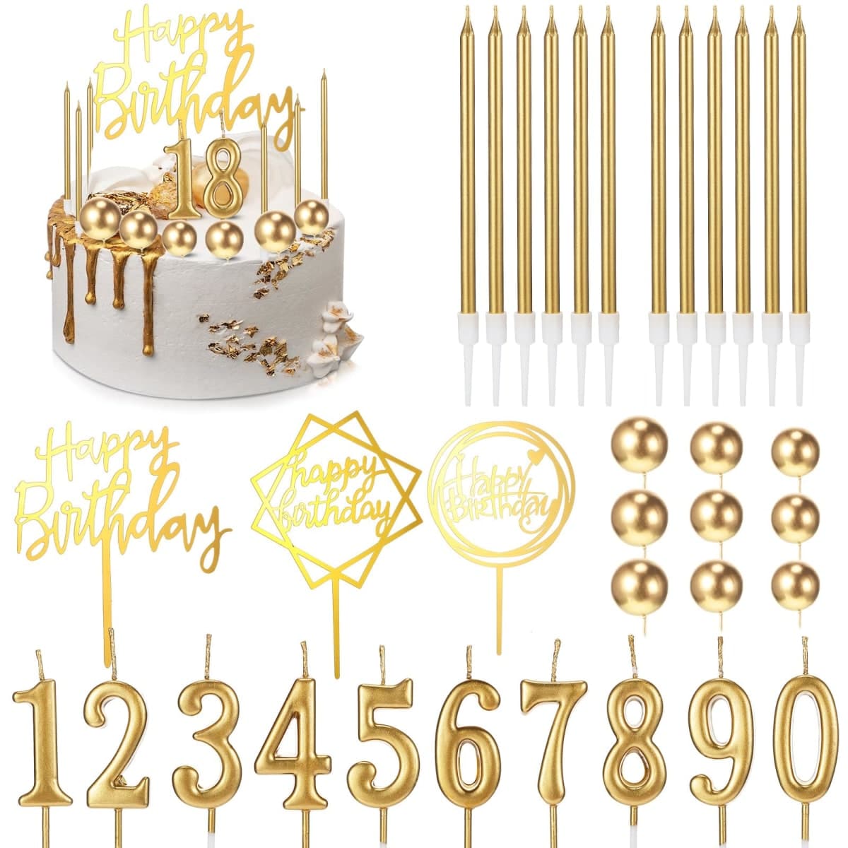 Yerliker 34 Pcs Happy Birthday Cake Toppers Decorations Birthday Candles DIY Cake Decor for Men Women Wedding Anniversary(Gold) — image 1