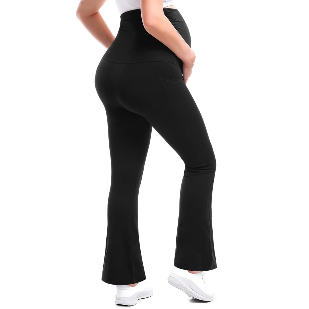 Leafigure Maternity Flare Leggings with Pockets Over The Belly Yoga Pants for Workout Soft Pregnancy Activewear, Black, X-Large thumbnail 2
