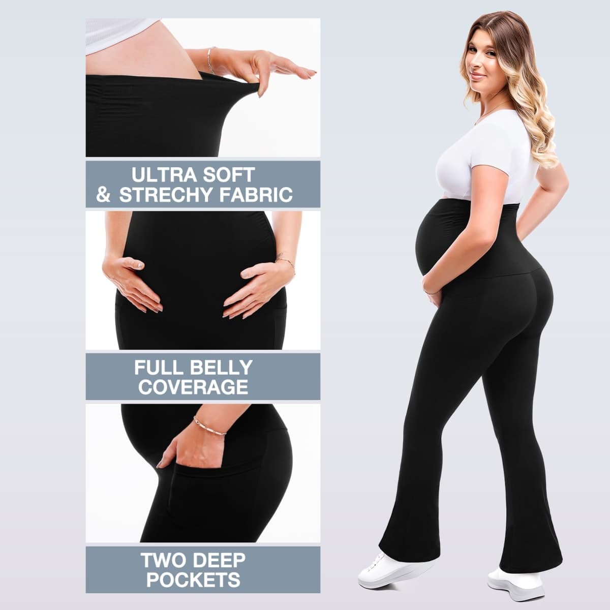 Leafigure Maternity Flare Leggings with Pockets Over The Belly Yoga Pants for Workout Soft Pregnancy Activewear, Black, X-Large thumbnail 4