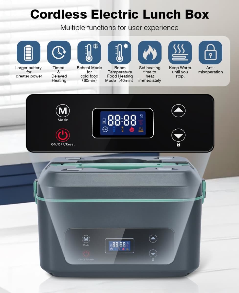 AIZOCO Cordless Electric Lunch Box for Adults, Heated Lunch Box Battery Powered with 5 Side Heating, Portable Food Warmer with 5.5 Cups Removable Container, Self-Heating Food Warmer for Work,GreyGreen thumbnail 2