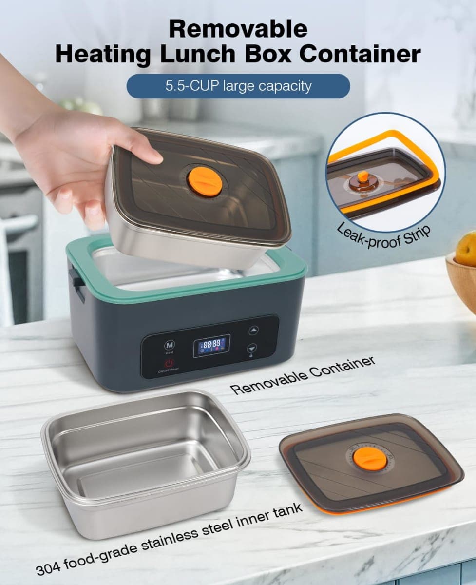 AIZOCO Cordless Electric Lunch Box for Adults, Heated Lunch Box Battery Powered with 5 Side Heating, Portable Food Warmer with 5.5 Cups Removable Container, Self-Heating Food Warmer for Work,GreyGreen thumbnail 5