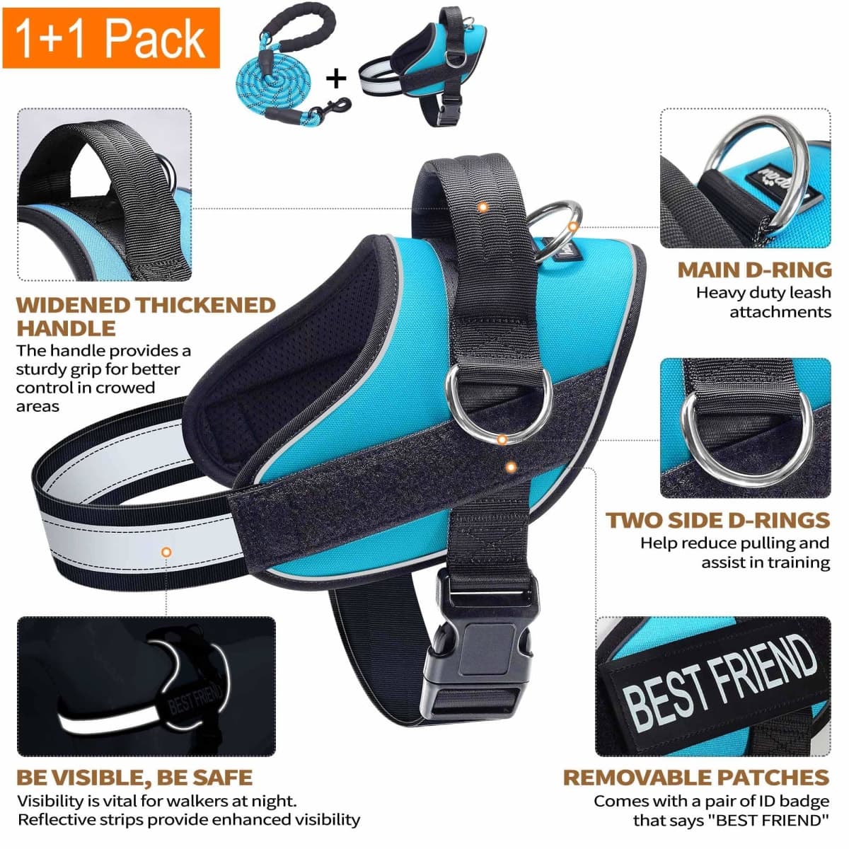 Haapaw Essential Dog Harness, No Pull Pet Vest with 3 Leash Clips, No Choke, Reflective, Adjustable and Padded, for Easy Walking and Training for Medium Dogs(M, Blue) thumbnail 2