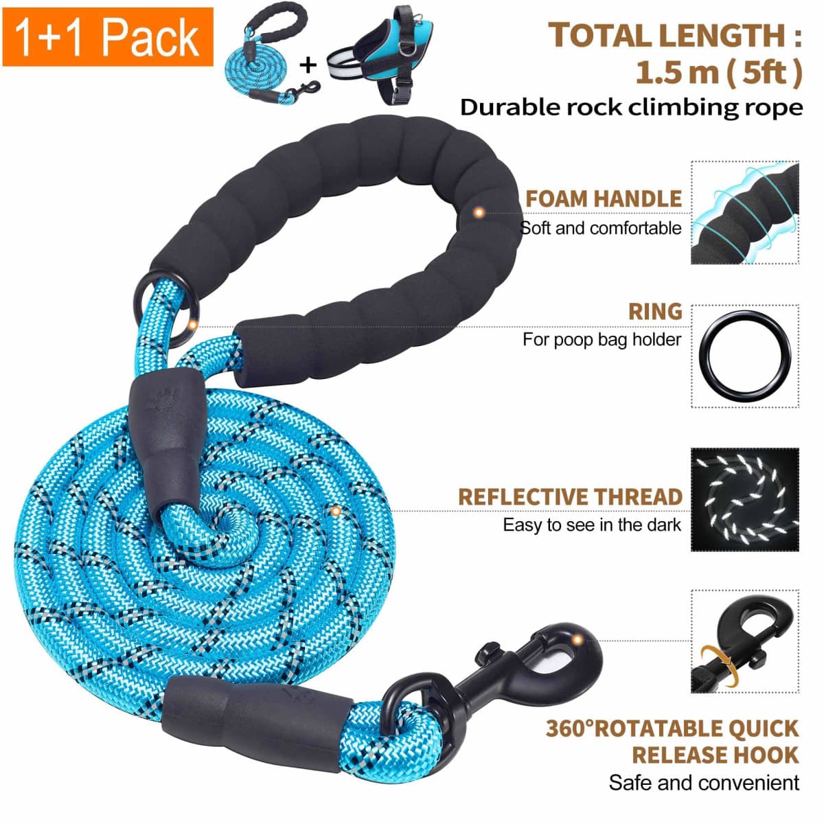 Haapaw Essential Dog Harness, No Pull Pet Vest with 3 Leash Clips, No Choke, Reflective, Adjustable and Padded, for Easy Walking and Training for Medium Dogs(M, Blue) thumbnail 5