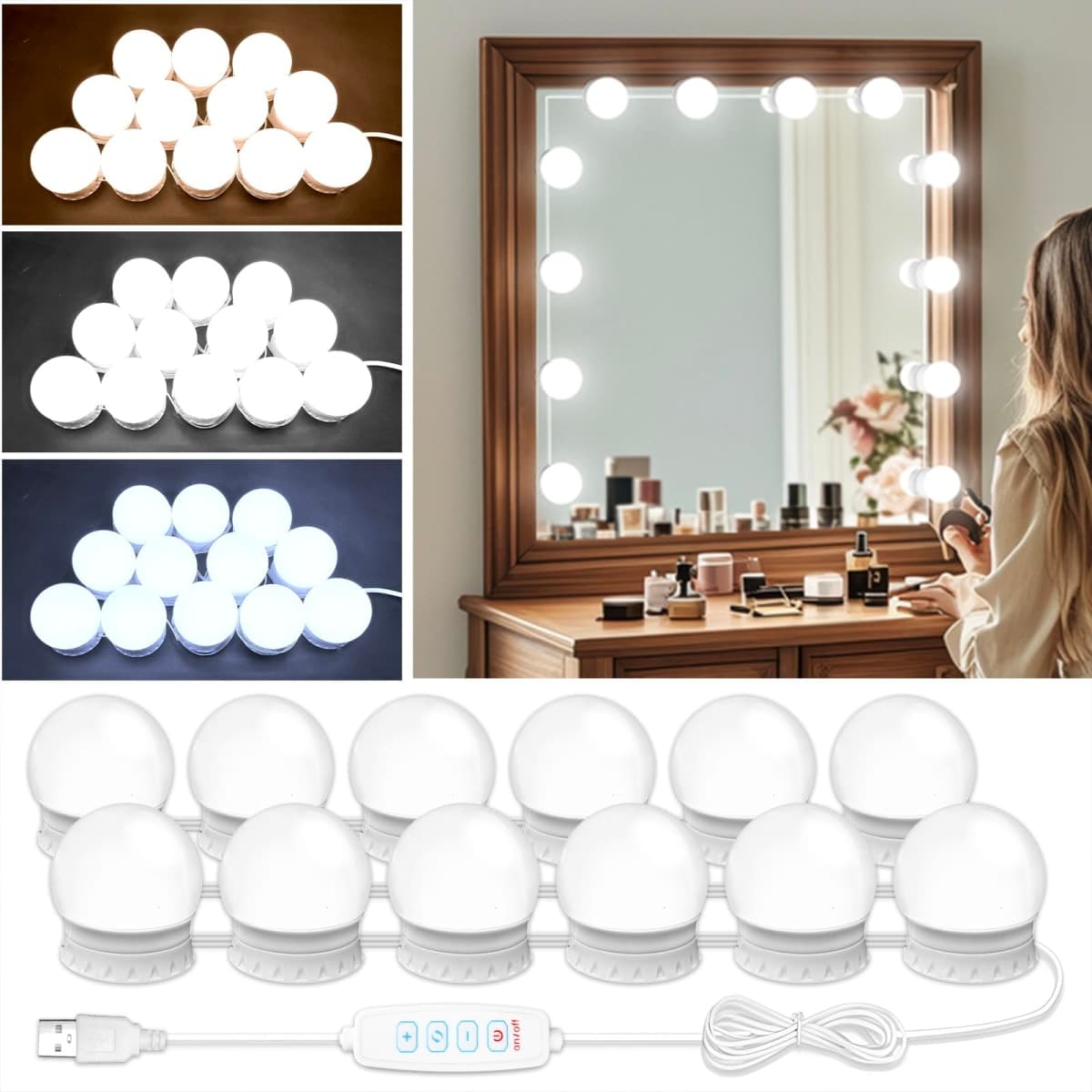 LED Vanity Mirror Lights with 12 Stick On Dimmable Bulbs, 3000K 4500K 6500K & 10 Brightness Levels Adjustable, Plug in USB Cable, Hollywood Style Mirror Lights for Makeup Desk Bathroom Dressing Room — image 1