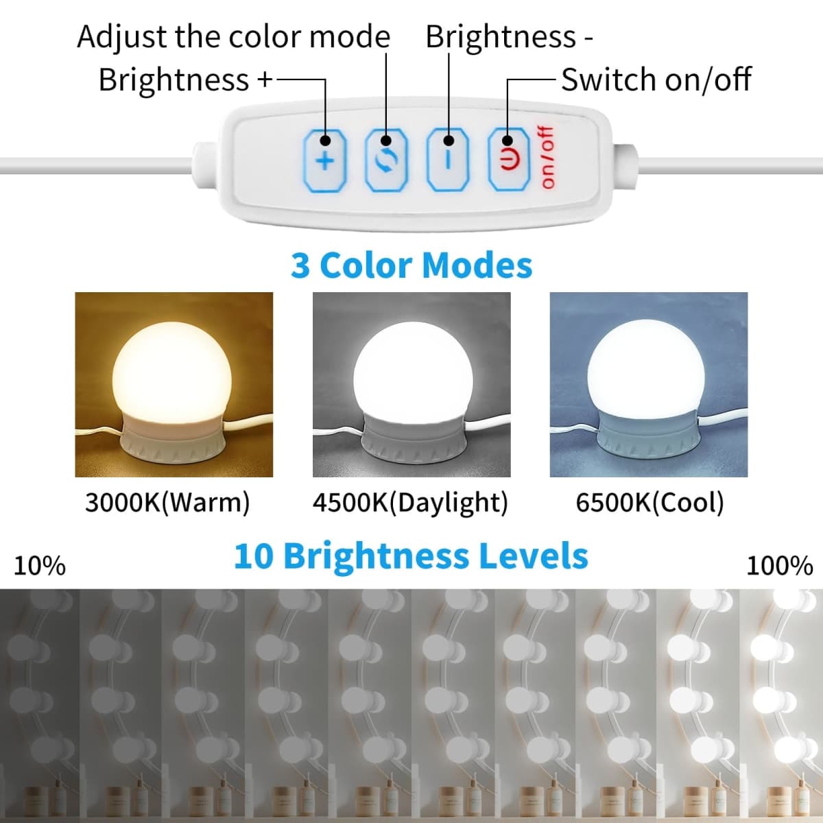 LED Vanity Mirror Lights with 12 Stick On Dimmable Bulbs, 3000K 4500K 6500K & 10 Brightness Levels Adjustable, Plug in USB Cable, Hollywood Style Mirror Lights for Makeup Desk Bathroom Dressing Room thumbnail 2
