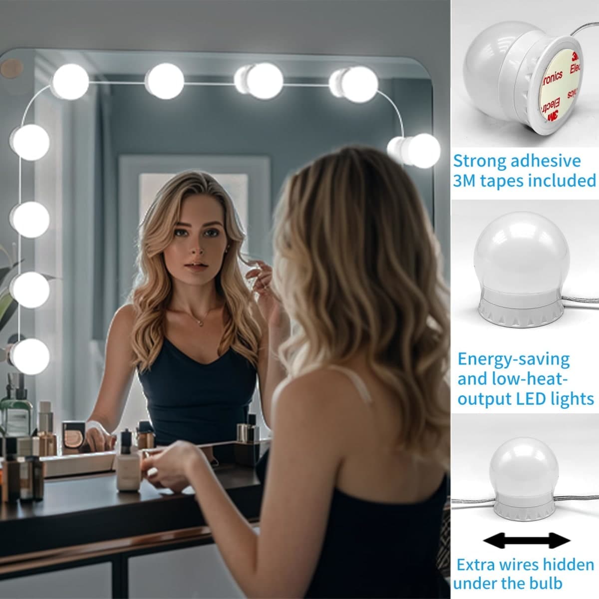 LED Vanity Mirror Lights with 12 Stick On Dimmable Bulbs, 3000K 4500K 6500K & 10 Brightness Levels Adjustable, Plug in USB Cable, Hollywood Style Mirror Lights for Makeup Desk Bathroom Dressing Room thumbnail 4