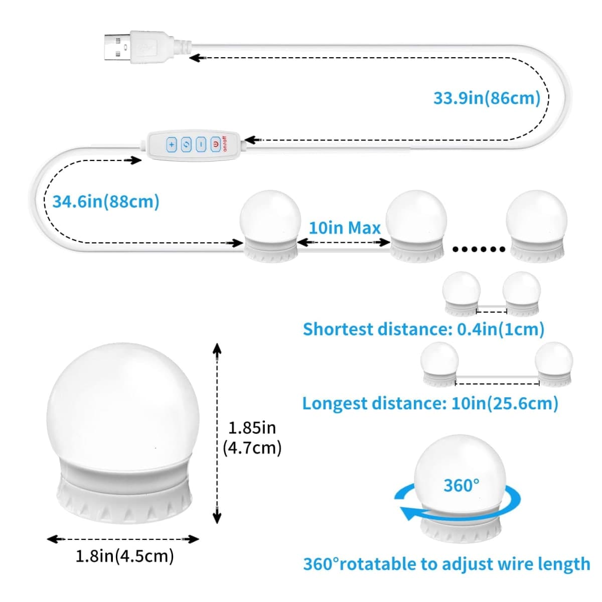 LED Vanity Mirror Lights with 12 Stick On Dimmable Bulbs, 3000K 4500K 6500K & 10 Brightness Levels Adjustable, Plug in USB Cable, Hollywood Style Mirror Lights for Makeup Desk Bathroom Dressing Room thumbnail 5