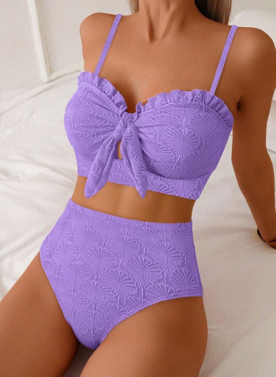Herseas Women's Seashell Textured Bikini Sets Knotted Front Ruffle Swimsuits Full Coverage High Waisted Flattering Bathing Suits Teen Girls Purple Resort Essentials Medium thumbnail 2