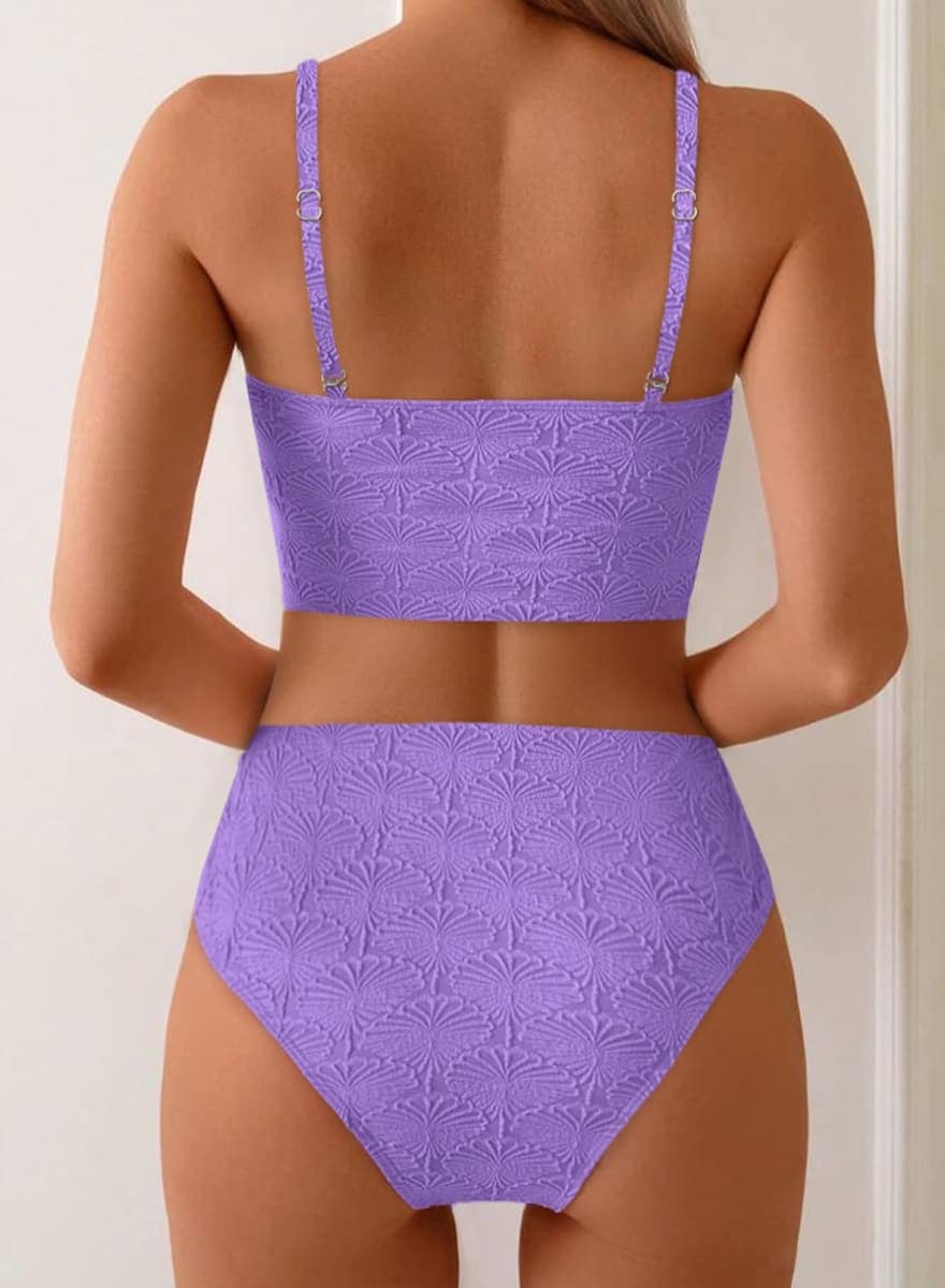 Herseas Women's Seashell Textured Bikini Sets Knotted Front Ruffle Swimsuits Full Coverage High Waisted Flattering Bathing Suits Teen Girls Purple Resort Essentials Medium thumbnail 3