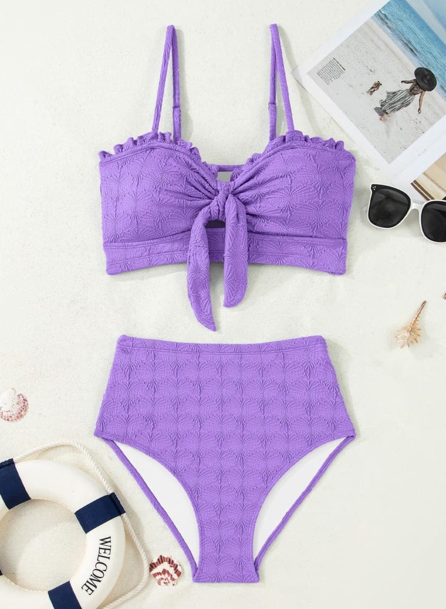 Herseas Women's Seashell Textured Bikini Sets Knotted Front Ruffle Swimsuits Full Coverage High Waisted Flattering Bathing Suits Teen Girls Purple Resort Essentials Medium thumbnail 4