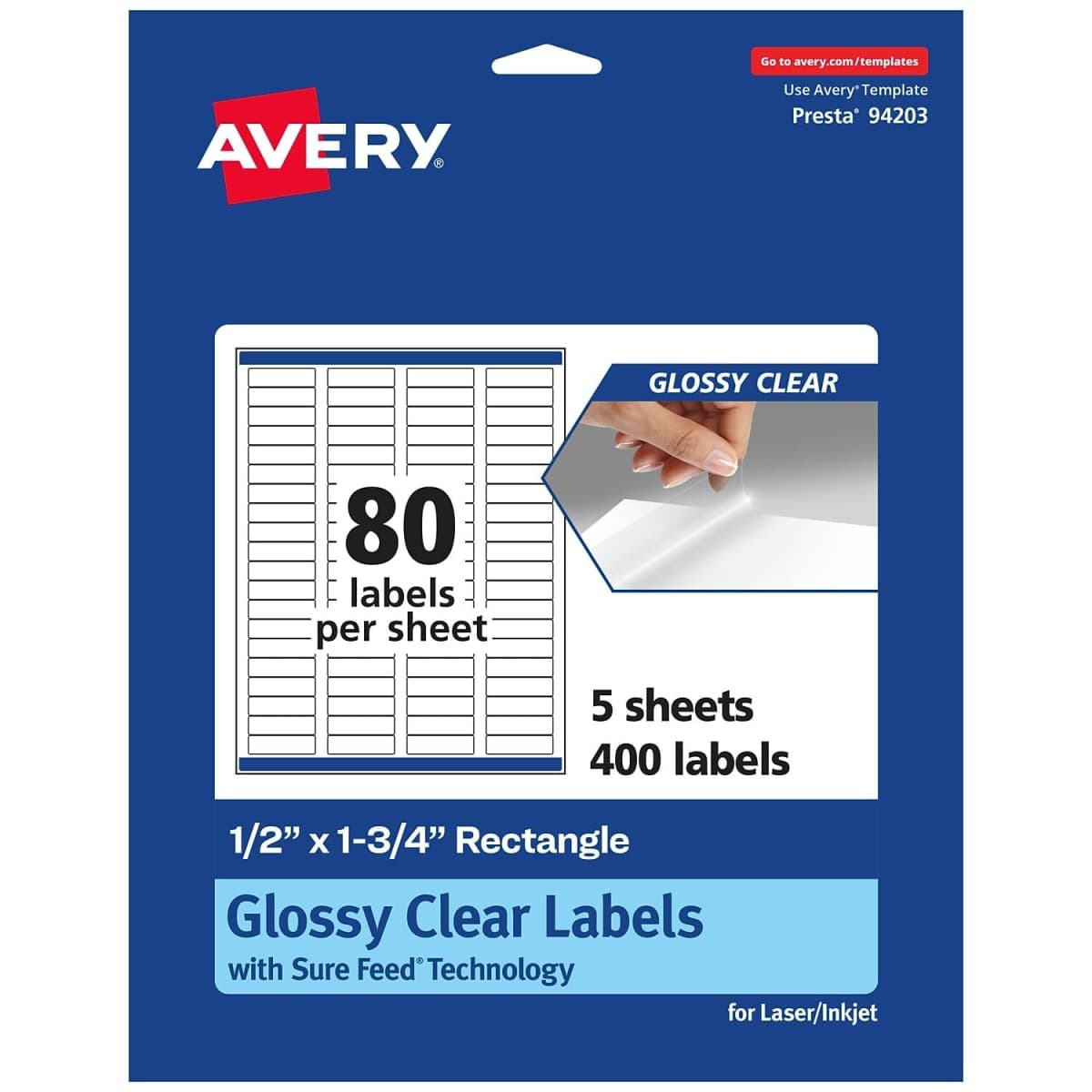 Avery Glossy Clear Rectangle Labels, Sure Feed Technology, 0.5" x 1.75", 400 Glossy Clear Labels, Laser/Inkjet Printable — image 1