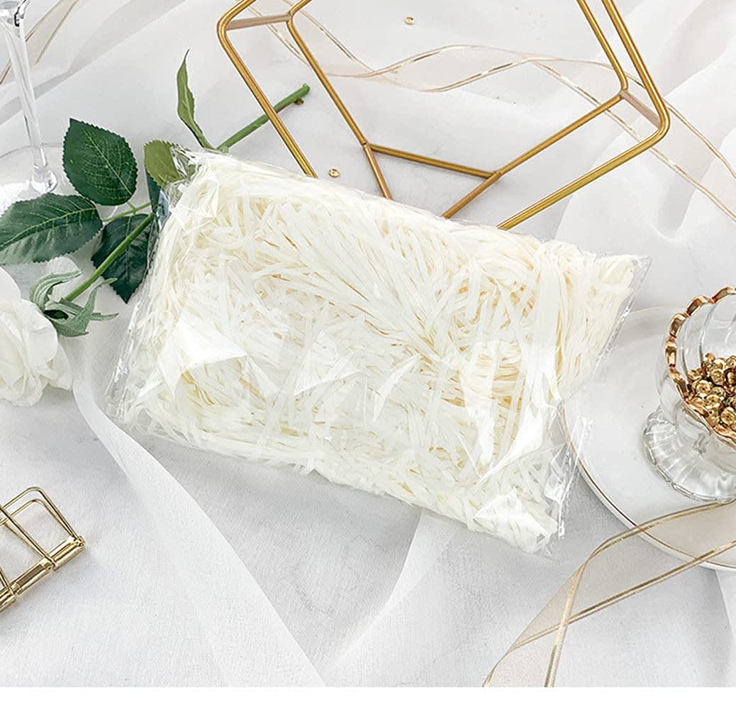 JINZOFLY Raffia Paper Shreds, 100g Strands Shredded Crinkle Confetti for Hamper Filling Gift Packaging Decorative Filling (White) thumbnail 5