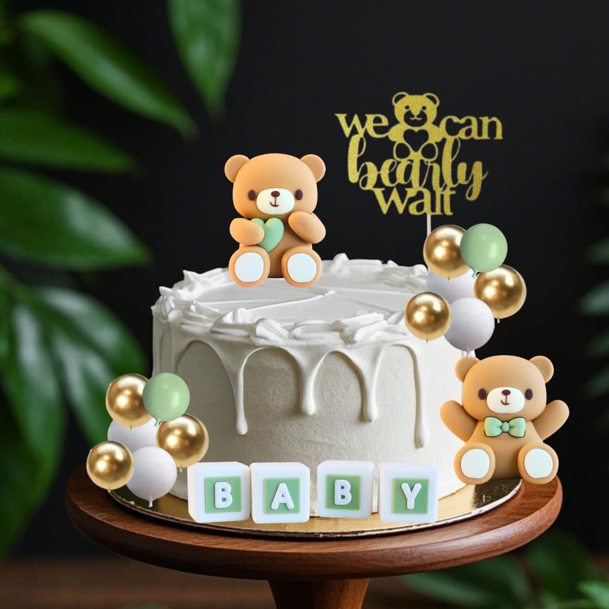 ALISSAR 32Pcs Bear Cake Toppers for Baby Shower with Balls, We Can Bearly Wait Cake Topper, Bear Baby Shower Decorations(sage green) thumbnail 2