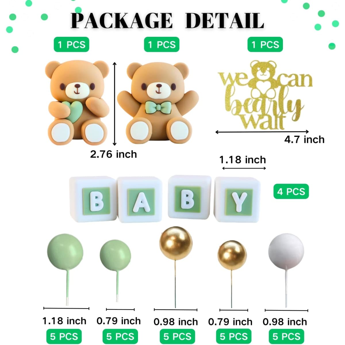 ALISSAR 32Pcs Bear Cake Toppers for Baby Shower with Balls, We Can Bearly Wait Cake Topper, Bear Baby Shower Decorations(sage green) thumbnail 4