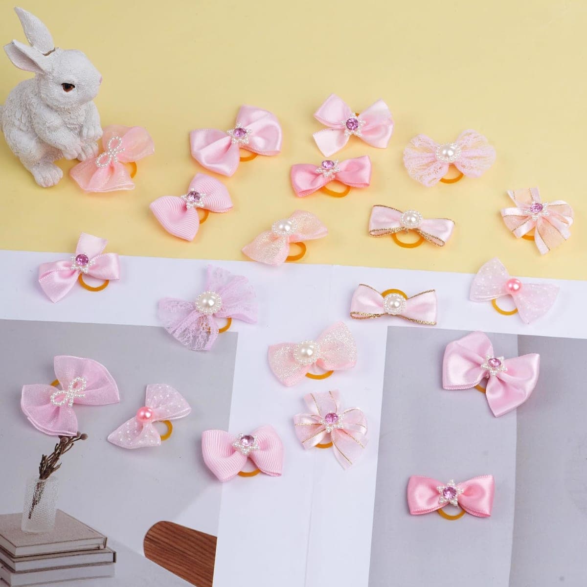 Pistha 20 PCS Cute Dog Hair Bows with Rubber Bands Elastic Handmade Mix Style Lace Rhinestone Pearls for Furry Puppy Cat Pet Girl Pink thumbnail 3
