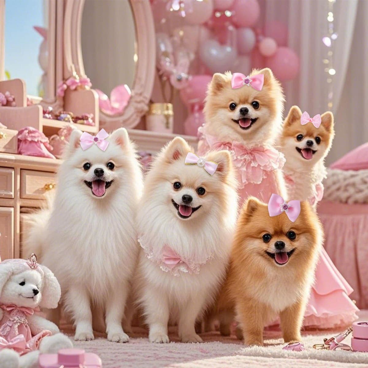 Pistha 20 PCS Cute Dog Hair Bows with Rubber Bands Elastic Handmade Mix Style Lace Rhinestone Pearls for Furry Puppy Cat Pet Girl Pink thumbnail 4