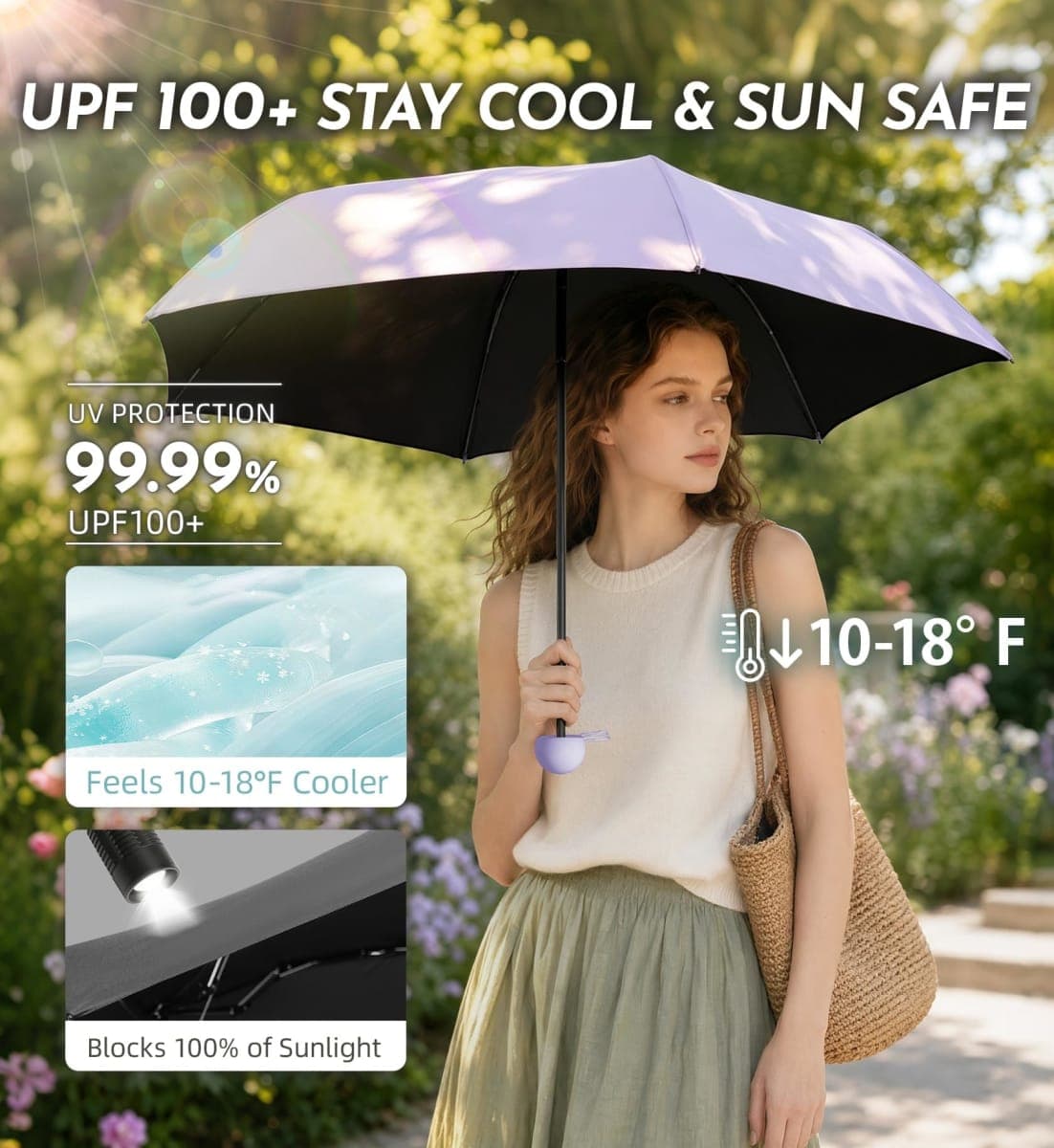 Lilac Travel Compact Mini Umbrella for Rain, Lightweight UPF100+ UV Sun Protection, Portable Pocket-Sized small Easy Use for Women, Men & Kids thumbnail 2