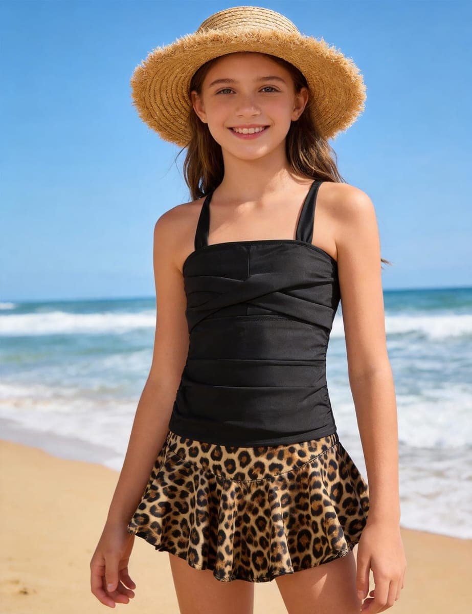 Rivylia Girls Swimsuit Tropical Print Tankini Set with Swim Skirt Two Piece Criss Cross Bathing Suits for Girls 7-16 Years, Leopard Print, 11-12 Years thumbnail 2