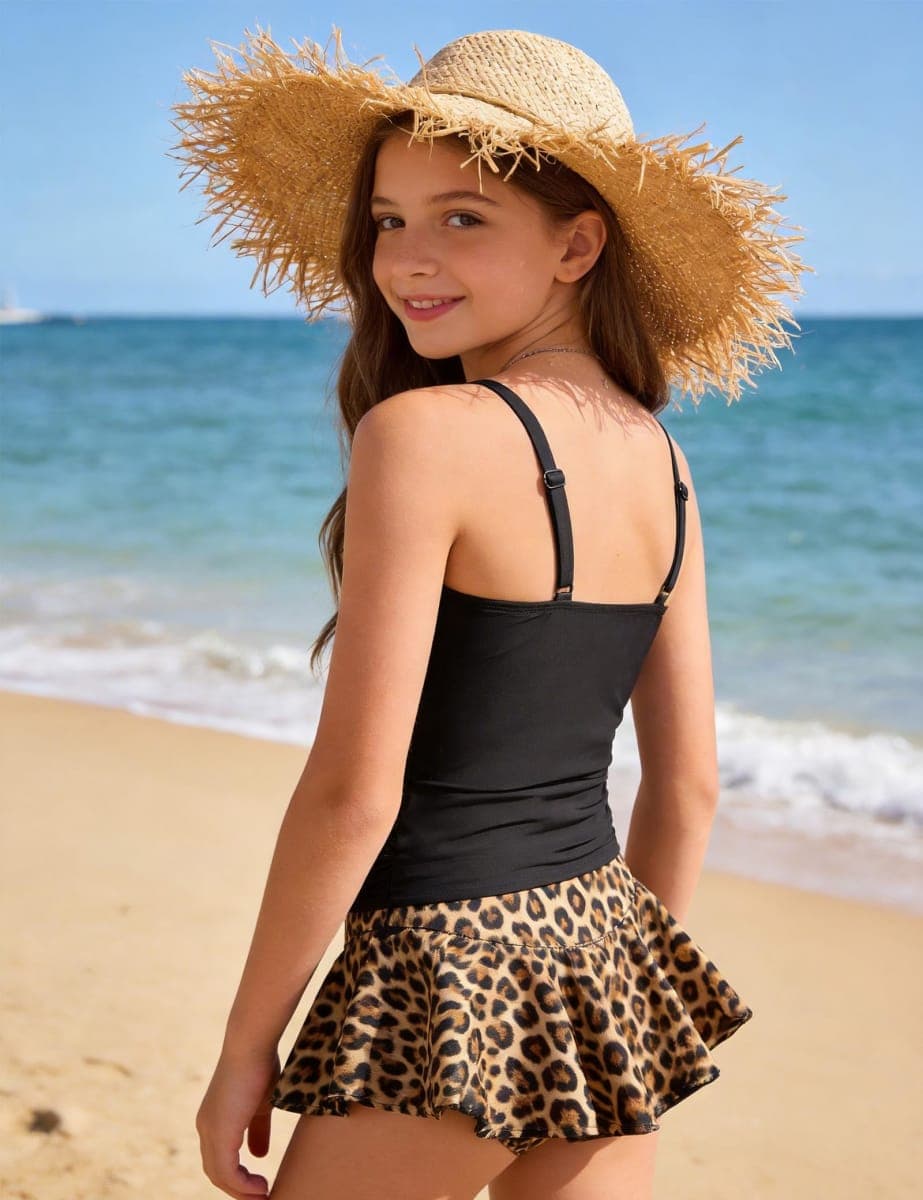 Rivylia Girls Swimsuit Tropical Print Tankini Set with Swim Skirt Two Piece Criss Cross Bathing Suits for Girls 7-16 Years, Leopard Print, 11-12 Years thumbnail 5