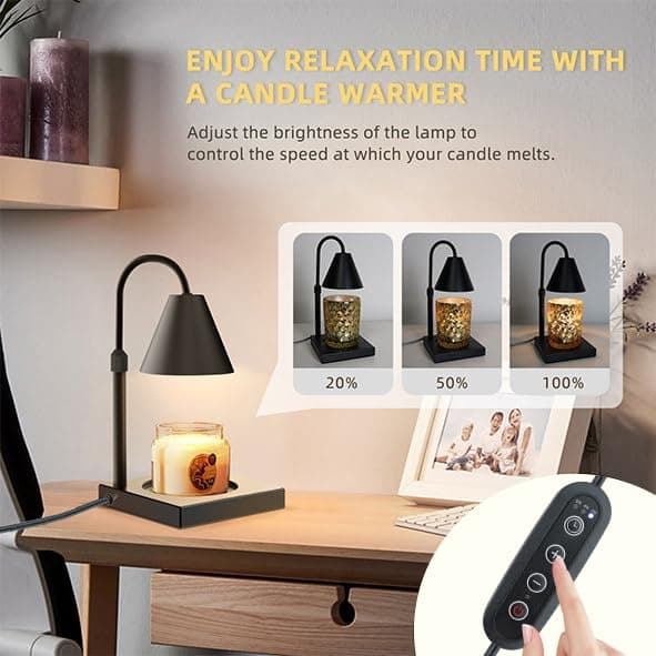 LALISU Candle Warmer Lamp, Stepless Dimming Candle Warmer Lamp with Timer & Dimmer Height Adjustable Compatible with Jars Scented Wax for Home Decor (Metal Base-Black) thumbnail 2