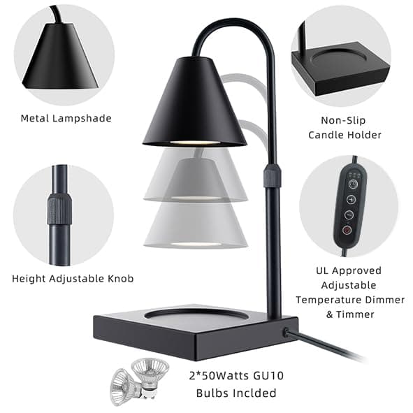 LALISU Candle Warmer Lamp, Stepless Dimming Candle Warmer Lamp with Timer & Dimmer Height Adjustable Compatible with Jars Scented Wax for Home Decor (Metal Base-Black) thumbnail 5